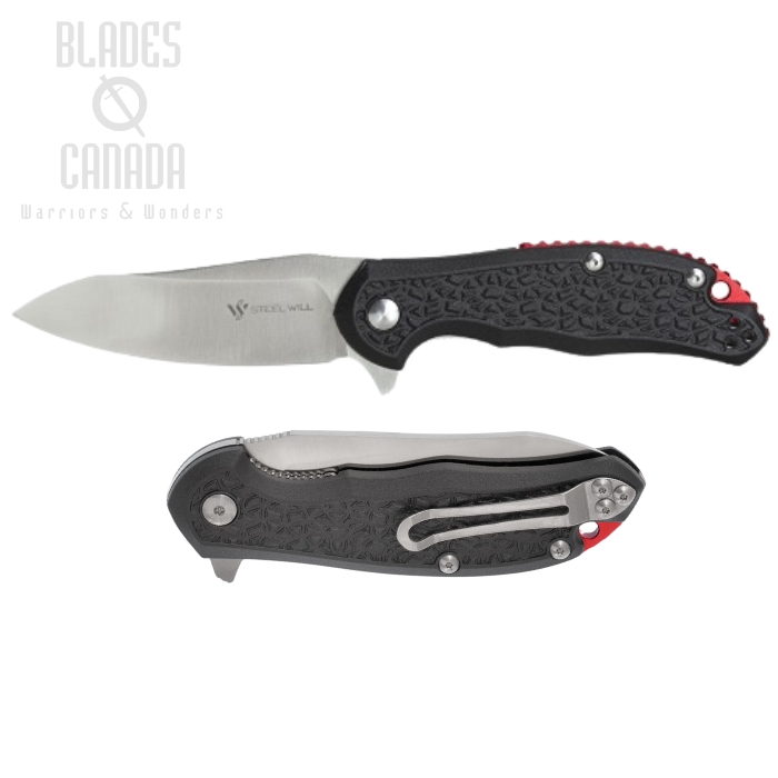 Steel Will Modus Flipper Folding Knife, D2 Steel, FRN Black/Red, F25-14